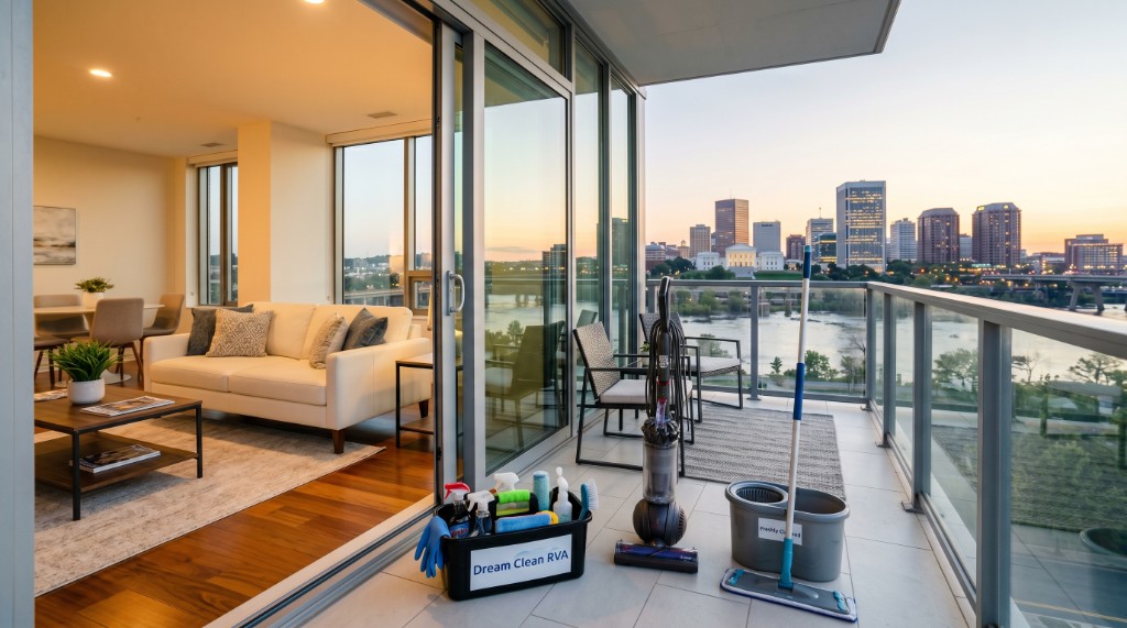 Freshly cleaned modern living room with floor-to-ceiling windows overlooking the Richmond, Virginia skyline at dusk